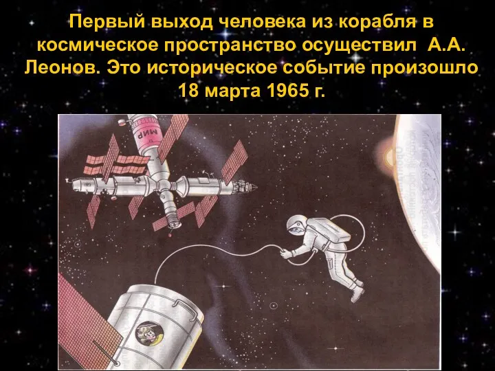 Первый выход человека из корабля в космическое пространство осуществил А.А.Леонов.