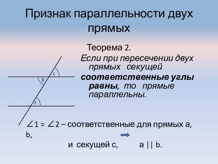 Признак параллельности двух прямых Теорема 2. Если при пересечении двух прямых секущей соответственные