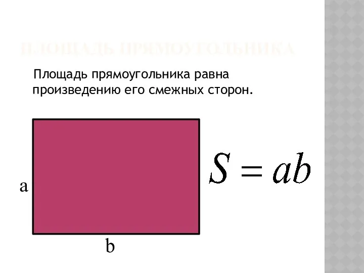 Площадь прямоугольника Площадь прямоугольника равна произведению его смежных сторон. a b