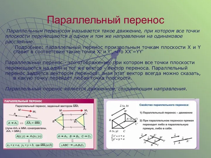 Параллельный перенос Параллельным переносом называется такое движение, при котором все