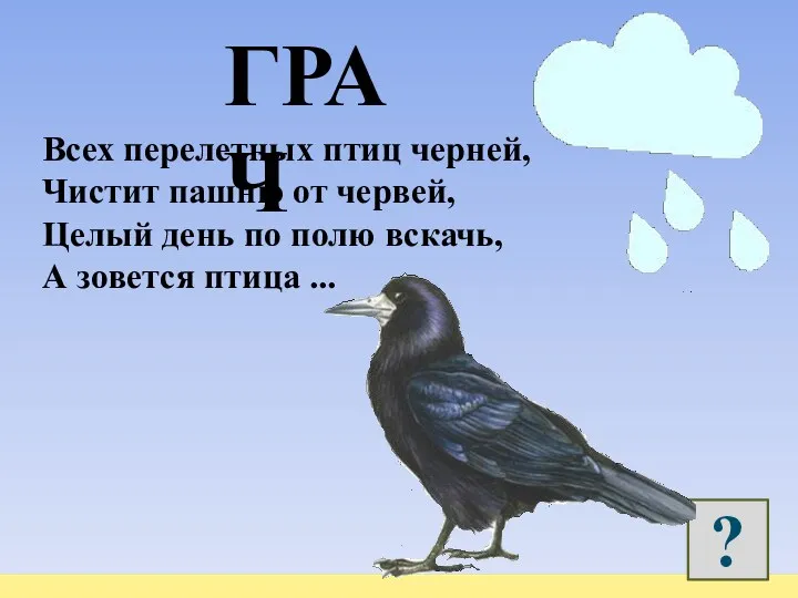 Всех перелетных птиц черней, Чистит пашню от червей, Целый день