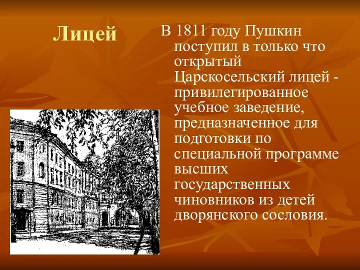Лицей В 1811 году Пушкин поступил в только что открытый Царскосельский лицей -