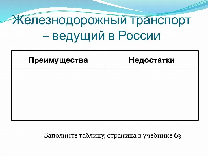 Железнодорожный транспорт – ведущий в России Заполните таблицу, страница в учебнике 63