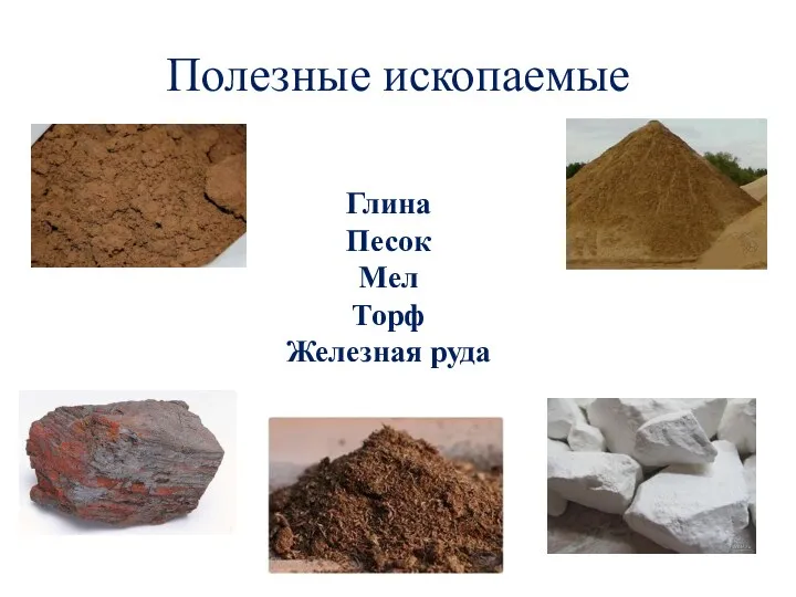 Полезные ископаемые Глина Песок Мел Торф Железная руда
