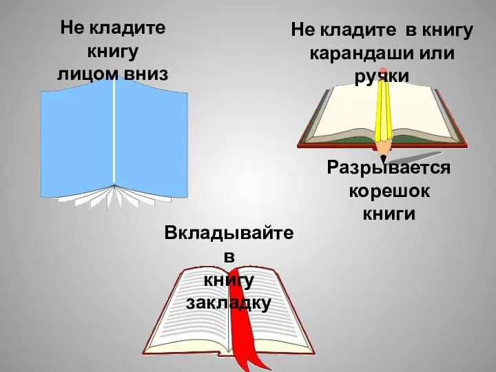 Не кладите книгу лицом вниз Вкладывайте в книгу закладку Не кладите в книгу