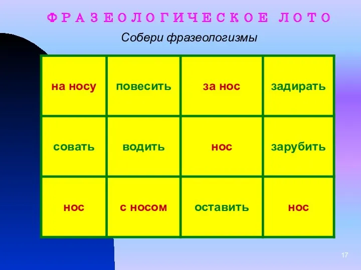 ФРАЗЕОЛОГИЧЕСКОЕ ЛОТО Собери фразеологизмы