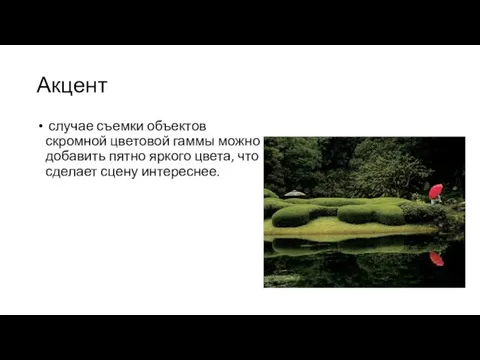 Акцент случае съемки объектов скромной цветовой гаммы можно добавить пятно яркого цвета, что сделает сцену интереснее.