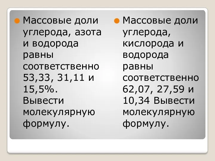 Массовые доли углерода, азота и водорода равны соответственно 53,33, 31,11 и 15,5%. Вывести