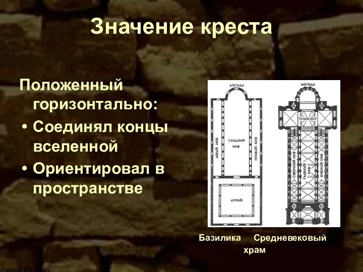 Корина Илона Викторовна Значение креста Положенный горизонтально: Соединял концы вселенной Ориентировал в пространстве Базилика Средневековый храм