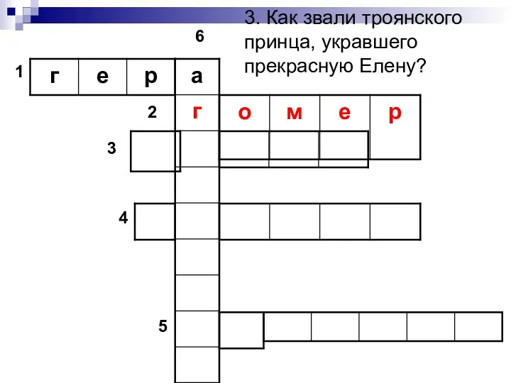 3. Как звали троянского принца, укравшего прекрасную Елену? 1 2 3 4 5 6