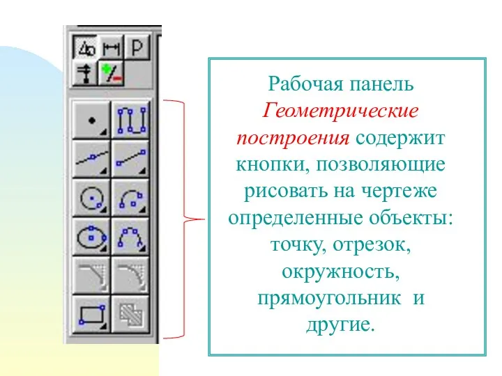 Рабочая панель Геометрические построения содержит кнопки, позволяющие рисовать на чертеже