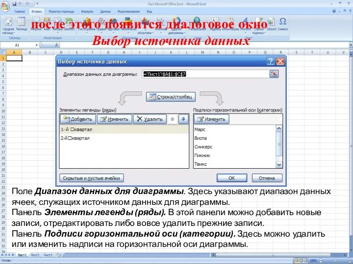 Поле Диапазон данных для диаграммы. Здесь указывают диапазон данных ячеек, служащих источником данных