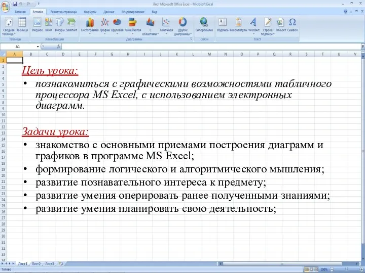 Цель урока: познакомиться с графическими возможностями табличного процессора MS Excel, с использованием электронных
