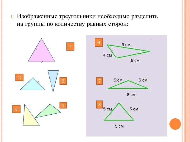 Изображенные треугольники необходимо разделить на группы по количеству равных сторон: 1 2 3