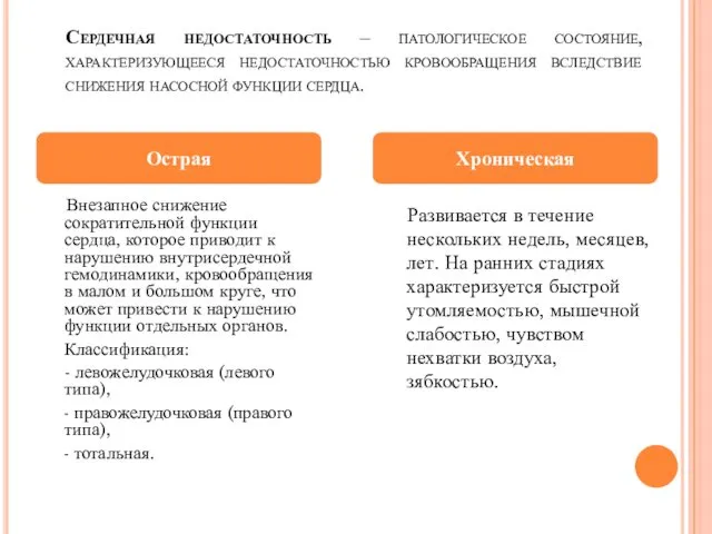 Сердечная недостаточность – патологическое состояние, характеризующееся недостаточностью кровообращения вследствие снижения насосной функции сердца.