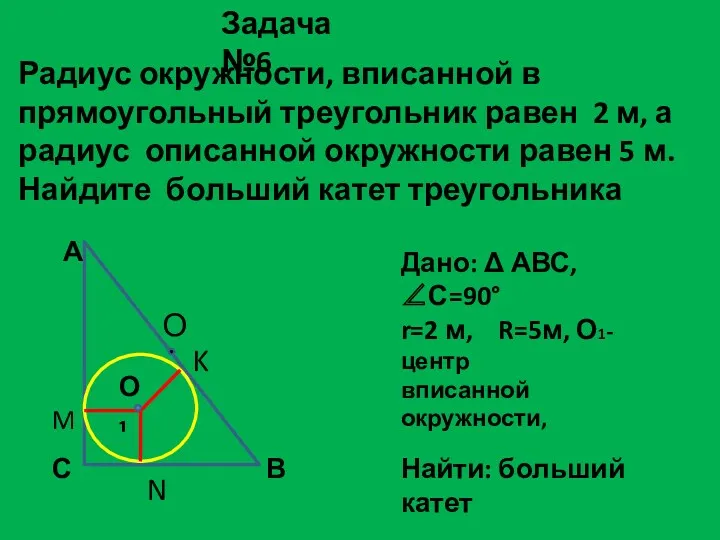 Радиус окружности, вписанной в прямоугольный треугольник равен 2 м, а радиус описанной окружности