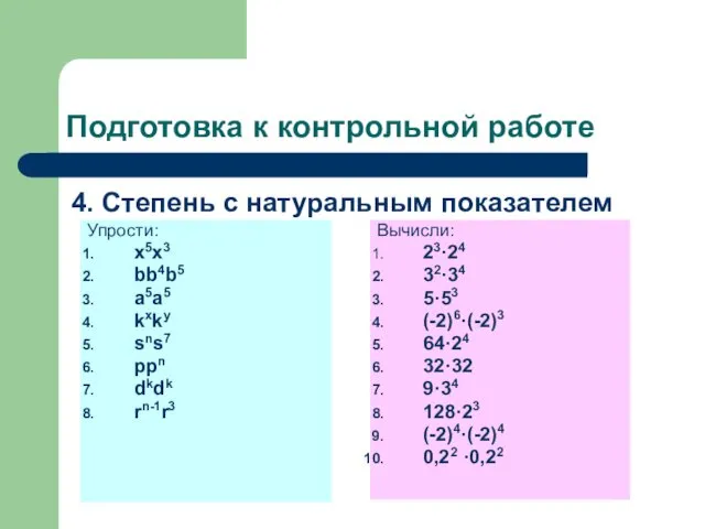 Подготовка к контрольной работе 4. Степень с натуральным показателем Упрости: