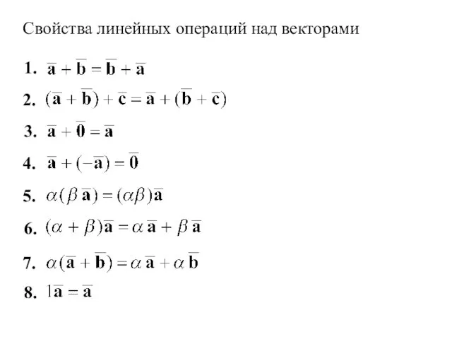 Свойства линейных операций над векторами 4. 1. 2. 8. 7. 6. 5. 3.