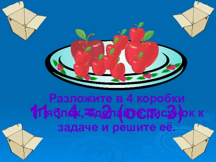 Разложите в 4 коробки 11 яблок, сделайте рисунок к задаче