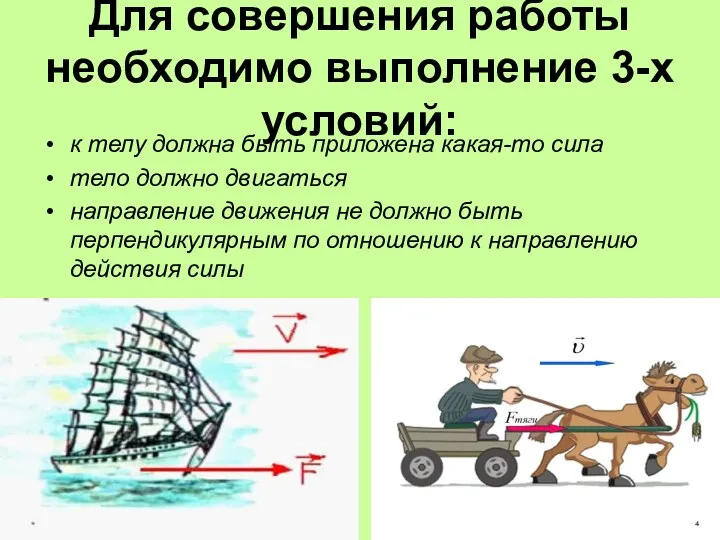 Для совершения работы необходимо выполнение 3-х условий: к телу должна