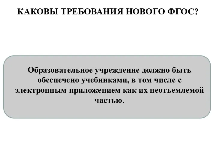 КАКОВЫ ТРЕБОВАНИЯ НОВОГО ФГОС? Образовательное учреждение должно быть обеспечено учебниками,