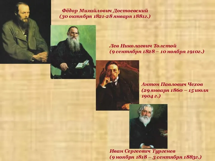 Фёдор Михайлович Достоевский (30 октября 1821-28 января 1881г.) Лев Николаевич Толстой (9 сентября
