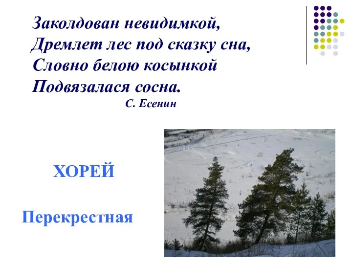 Заколдован невидимкой, Дремлет лес под сказку сна, Словно белою косынкой Подвязалася сосна. С. Есенин ХОРЕЙ Перекрестная