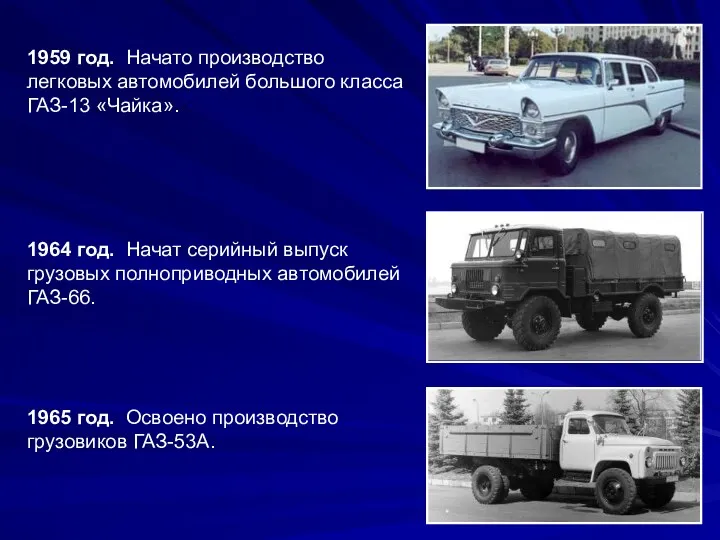 1959 год. Начато производство легковых автомобилей большого класса ГАЗ-13 «Чайка».