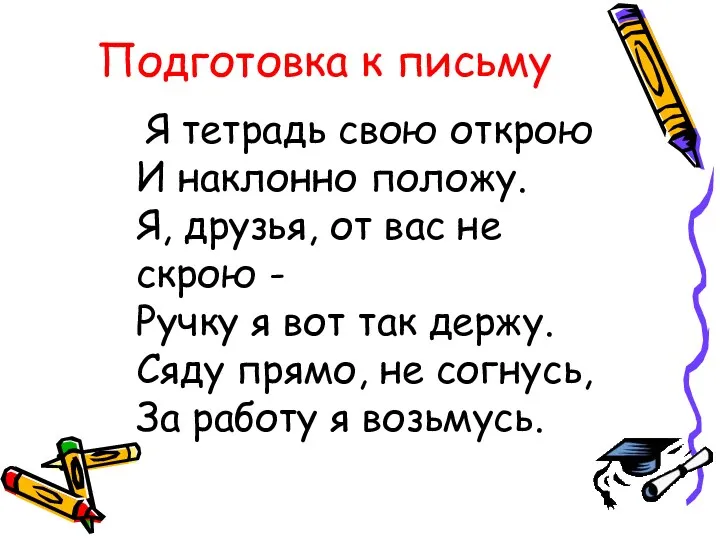 Подготовка к письму Я тетрадь свою открою И наклонно положу.