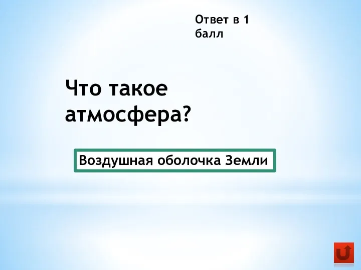 Что такое атмосфера? Ответ в 1 балл Воздушная оболочка Земли