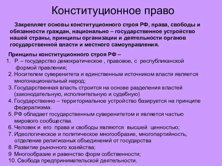 Конституционное право Закрепляет основы конституционного строя РФ, права, свободы и