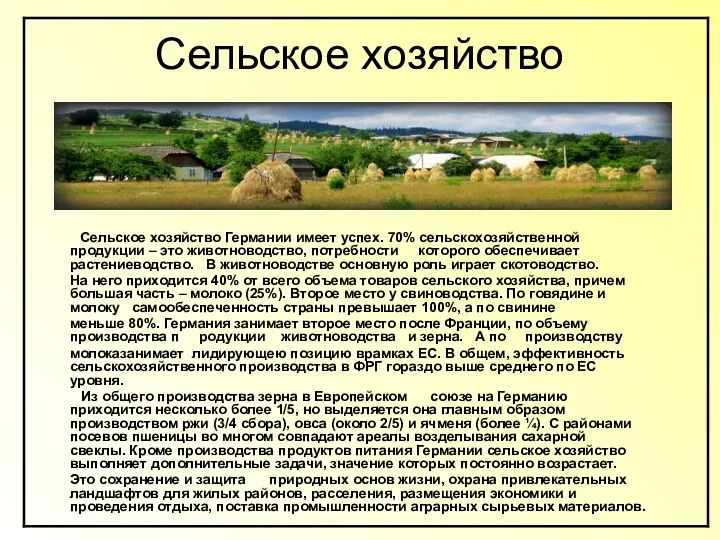 Сельское хозяйство Сельское хозяйство Германии имеет успех. 70% сельскохозяйственной продукции