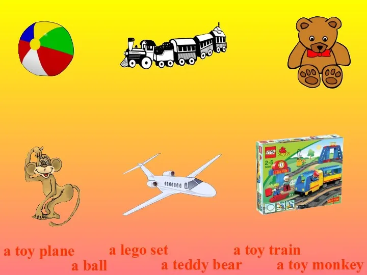 a toy plane a ball a lego set a teddy