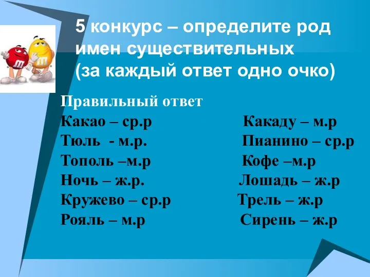 5 конкурс – определите род имен существительных (за каждый ответ одно очко) Правильный