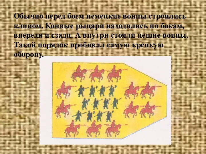 Обычно перед боем немецкие воины строились клином. Конные рыцари находились