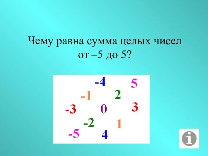 Чему равна сумма целых чисел от –5 до 5?