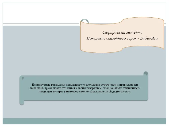 Сюрпризный момент. Появление сказочного героя - Бабы-Яги Планируемые результаты: испытывает