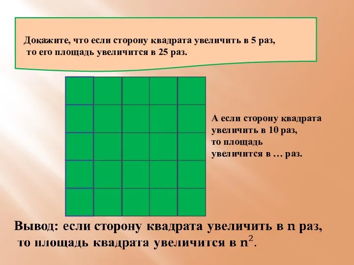 Докажите, что если сторону квадрата увеличить в 5 раз, то его площадь увеличится