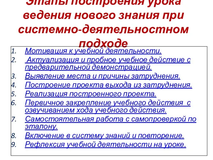 Этапы построения урока ведения нового знания при системно-деятельностном подходе Мотивация к учебной деятельности.