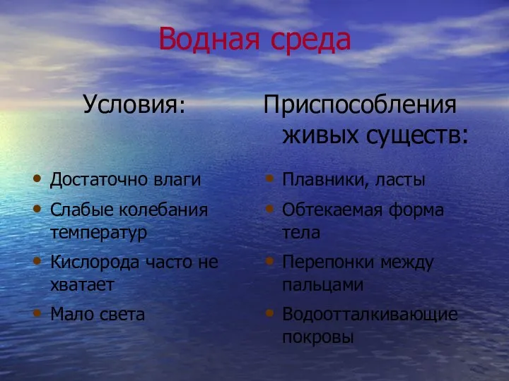 Водная среда Условия: Приспособления живых существ: Достаточно влаги Слабые колебания