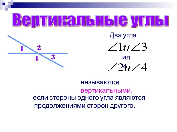 Вертикальные углы Два угла называются вертикальными, если стороны одного угла