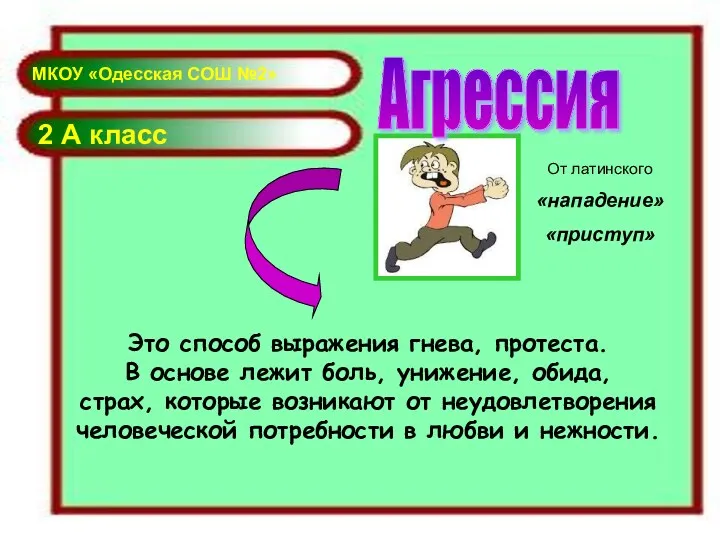 МКОУ «Одесская СОШ №2» 2 А класс Агрессия От латинского