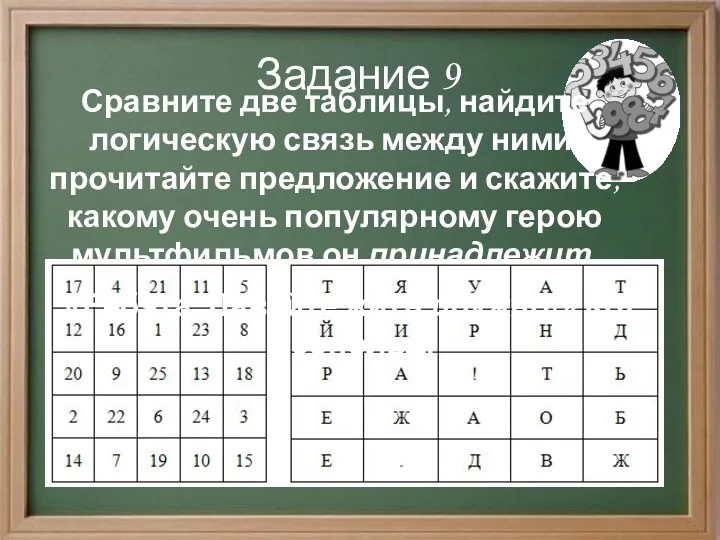 Задание 9 Сравните две таблицы, найдите логическую связь между ними,