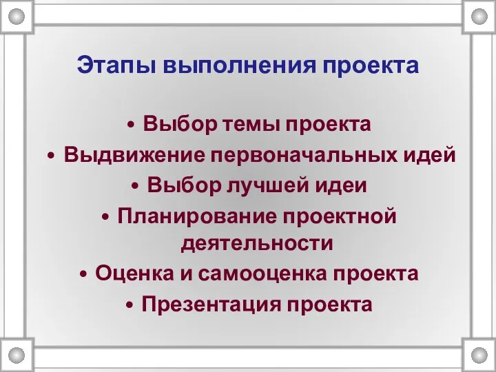 Этапы выполнения проекта Выбор темы проекта Выдвижение первоначальных идей Выбор лучшей идеи Планирование