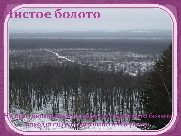 Чистое болото На противоположных берегах огромного болота находятся села Домнино и Юсупово