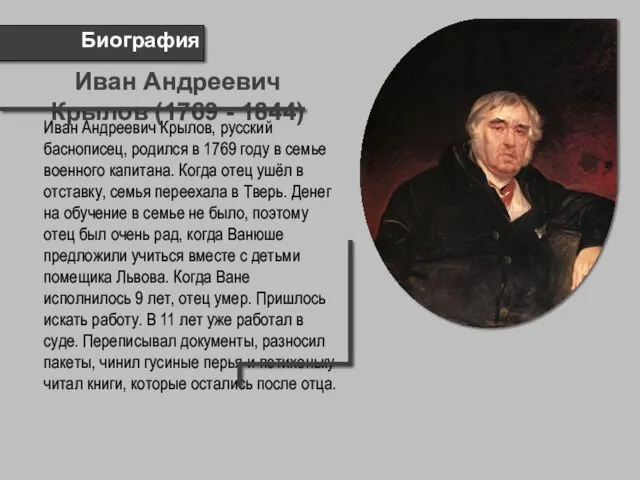 Биография Иван Андреевич Крылов, русский баснописец, родился в 1769 году в семье военного