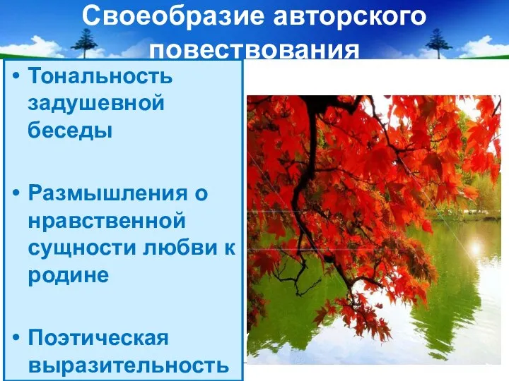 Своеобразие авторского повествования Тональность задушевной беседы Размышления о нравственной сущности любви к родине Поэтическая выразительность