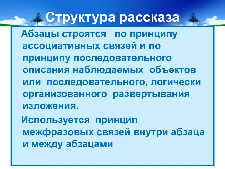 Структура рассказа Абзацы строятся по принципу ассоциативных связей и по