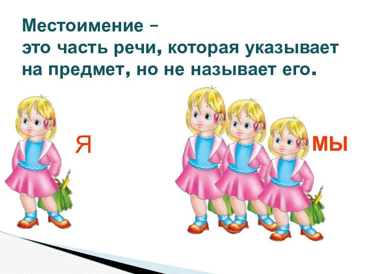 Местоимение – это часть речи, которая указывает на предмет, но не называет его. Я МЫ