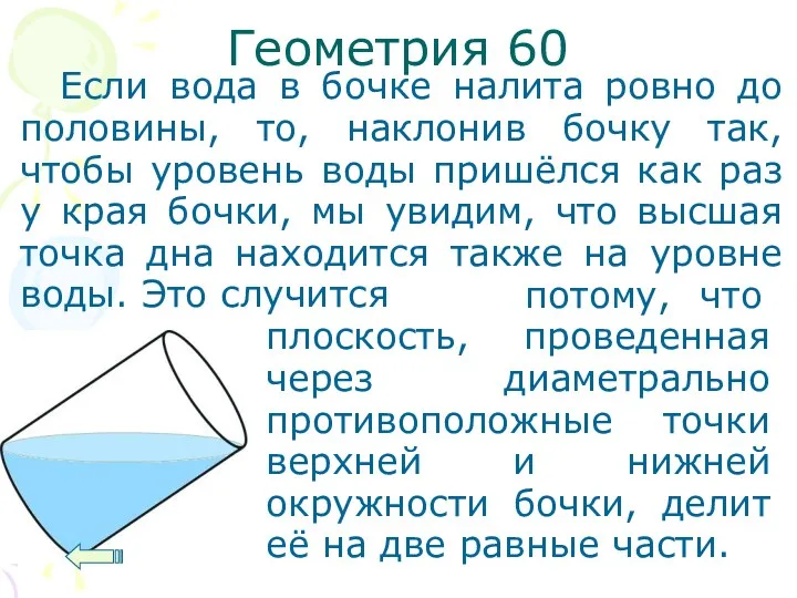 Геометрия 60 Если вода в бочке налита ровно до половины,